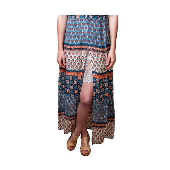 Anthropologie Raga Autumn Meadow Maxi Dress XS Blue Orange Ivory Boho - Picture 6 of 9